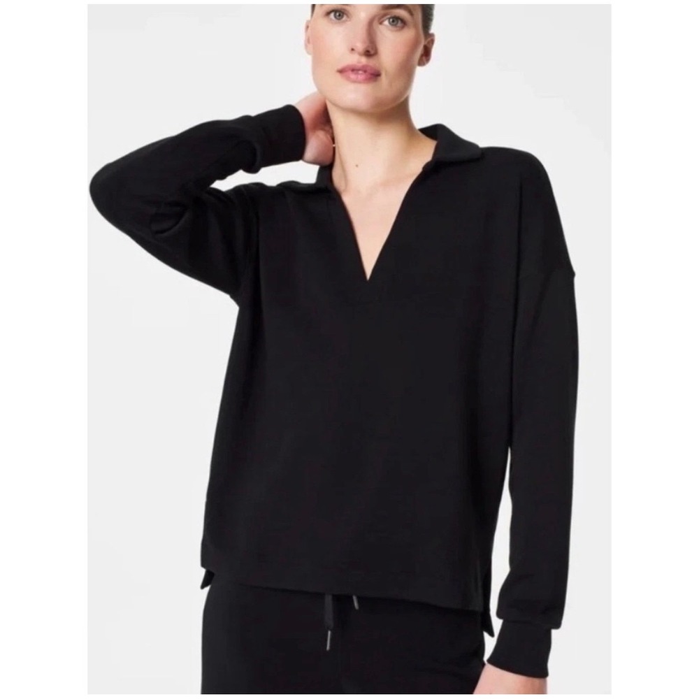 Spanx AirEssentials Polo Top Sweater Very Black Oversized V-Neck Pullover 3X